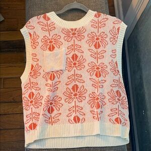 LA MIEL Floral Knit Sleeveless Sweater - White and Orange